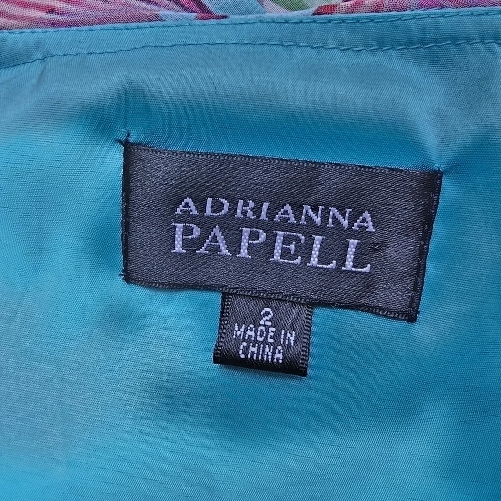 Adrianna Papell Ruffle Watercolor Shell or Leaf Print Dress Teal Purple Size 2